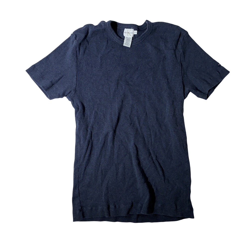 Calvin Klein Jeans Mens Navy Blue Ribbed Knit Cotton T-Shirt Size Large